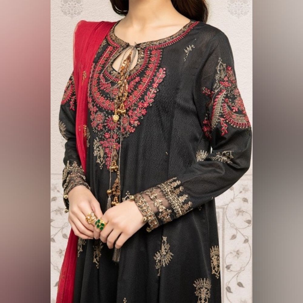 Maria B - Black and Red Embroidered Dress With Net Duppata - Festive Wear - Picture 3 of 8